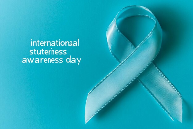 the text international stuttering awareness day and an aquamarine awareness ribbon supporting those who stutter on an aquamarine background