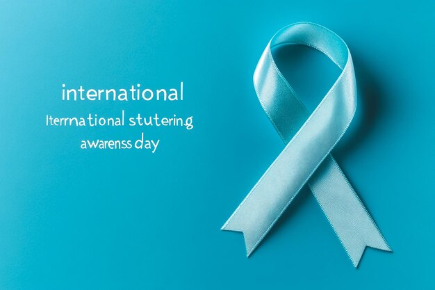 the text international stuttering awareness day and an aquamarine awareness ribbon supporting those who stutter on an aquamarine background