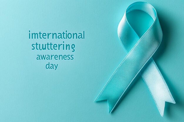 the text international stuttering awareness day and an aquamarine awareness ribbon supporting those who stutter on an aquamarine background