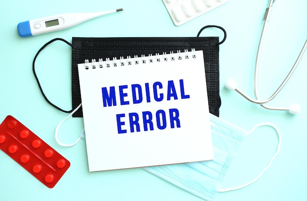 The text medical error is written in a notebook that lies on a blue background next to a thermometer