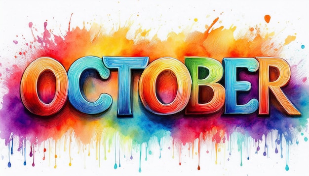 Text October in watercolor style Hand drawn art Autumn season