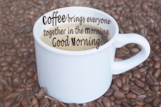 Photo text on roasted coffee bean background with a cup of hot coffee