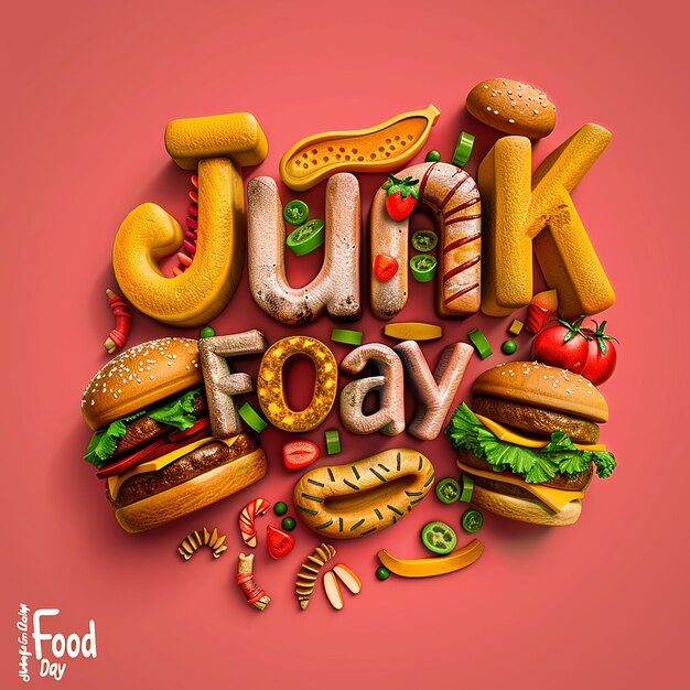 Photo text says junk food day 3d typography logo typography