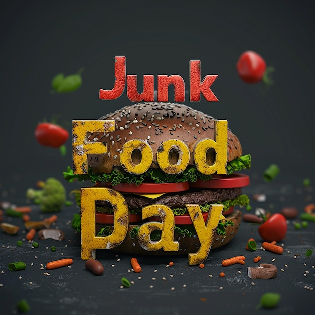 Photo text says junk food day 3d typography logo typography