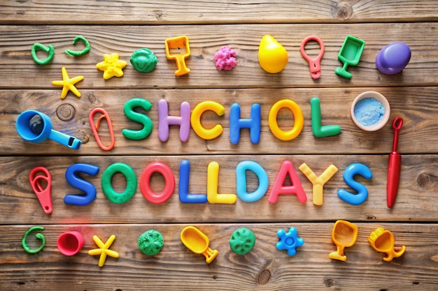 the text school holidays made from modelling clay of different colors and some beach toys such as toy shovels and sand moulds on a rustic wooden surface