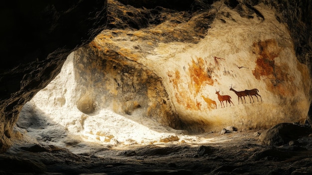 Photo text space of dimly lit cave interior with prehistoric cave paintings depicting ancient wildlife and