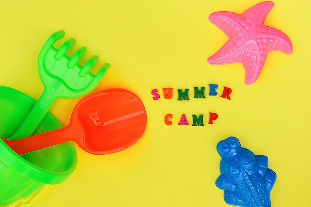 Text Summer camp and multicolored set children's toys for summer games ent