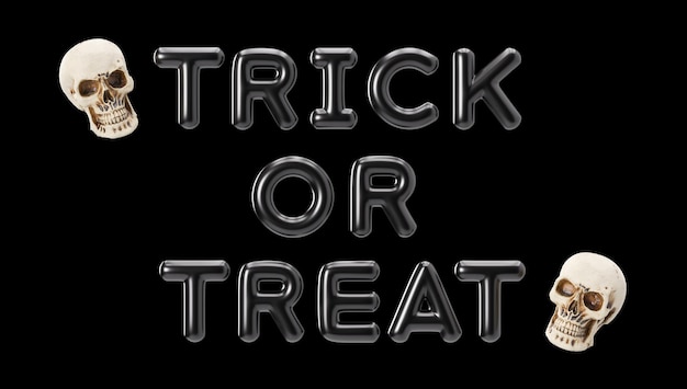 Text TRICK OR TREAT and some skulls deathsheads isolated on black background Halloween decoration Cut out Design element for greeting card invitation advertising Happy Halloween 3D rendering