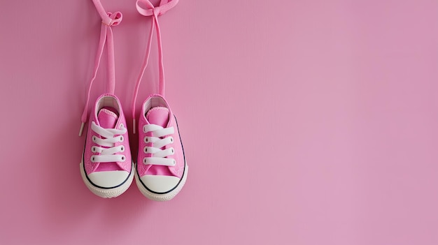 Photo a textfriendly wall with a pair of pink baby sneakers hanging on it generative ai