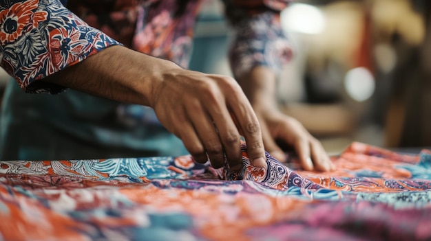 Photo textile artisan arranging vibrant fabric patterns in a workshop during daylight