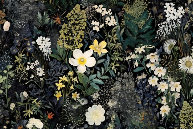 Textile background with wild flowers and plants in black and white colors