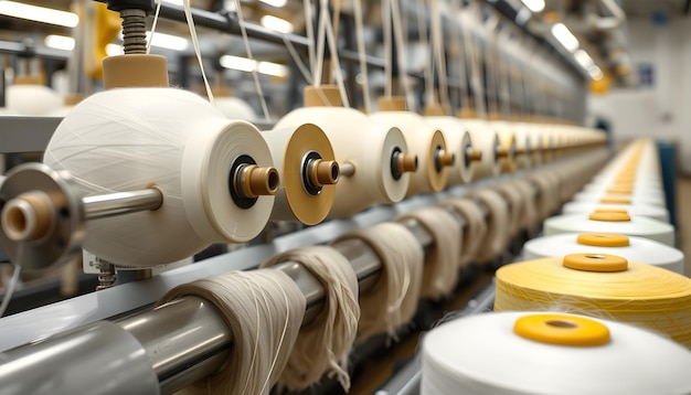 Textile factory yarn spools on spinning machine isolated with white highlights