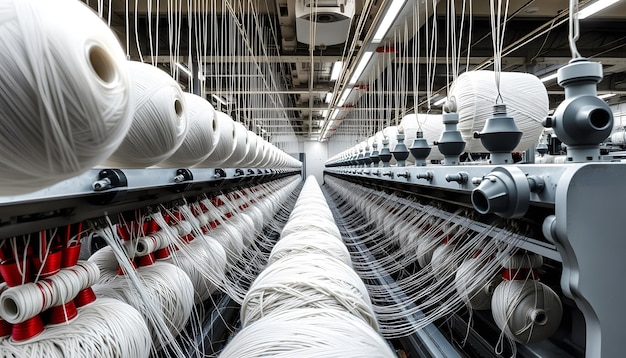 Photo textile factory yarn spools on spinning machine isolated with white highlights