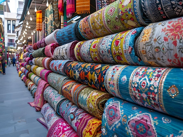 Textile Merchants Selling Fabrics at a Bustling Market in in Traditional and Culture Market Photo