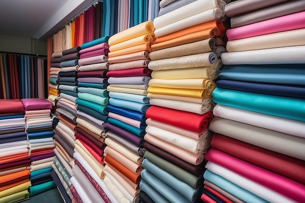 In a textile shop there are fabrics of various colors and various materials such as fabric lace satin linen Concept of tailoring colors fabrics clothes and fashion