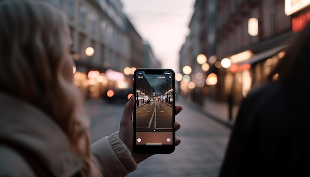 Texting outdoors young woman captures city life generated by AI