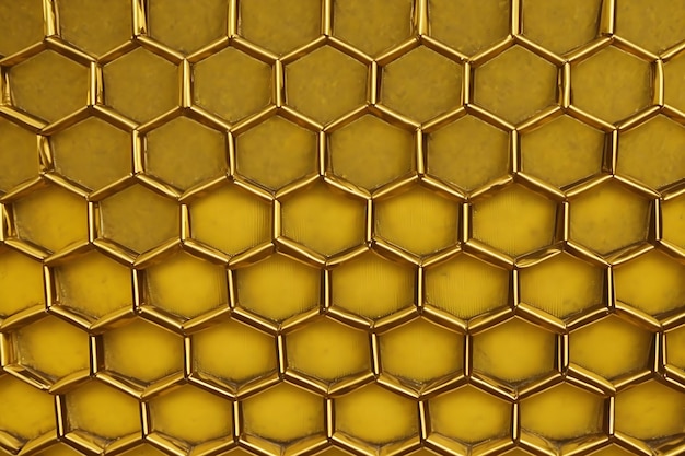 Photo texture abstract from many geometric shapes of yellow gold color hexagons the background