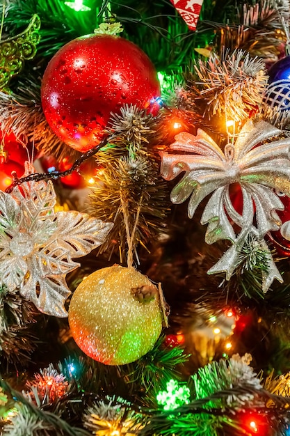 Texture of a Christmas tree decorated with balls