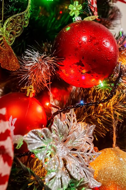 Texture of a Christmas tree decorated with balls