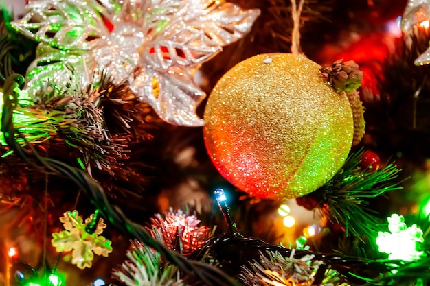 Texture of a Christmas tree decorated with balls