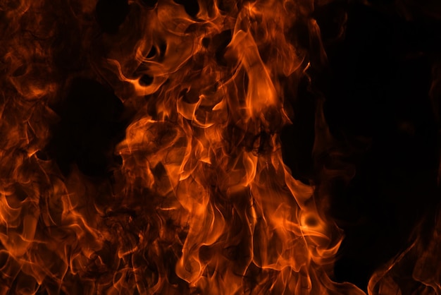 Texture of fire on a black background Abstract fire flame background large burning fire