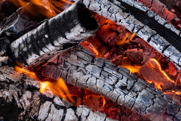 The texture of firewood in the flame