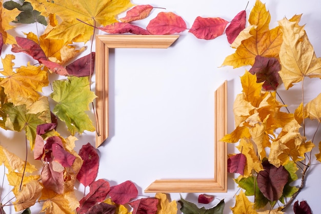 Texture from autumn leaves and wooden frame Autumn composition