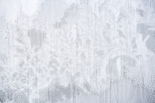 Texture of frozen snow on window glass in form of fantastic plants.