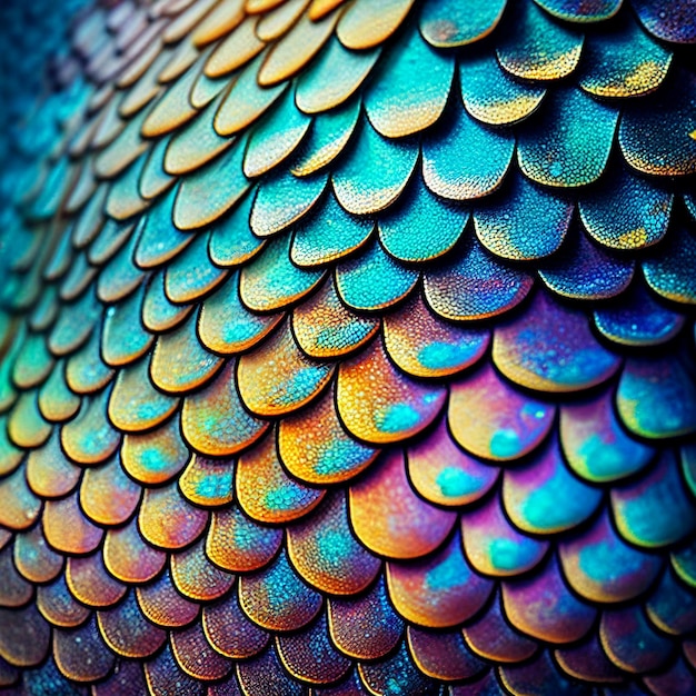 Texture of iridescent rainbow fish scales close-up, unusual background for decor, design, print, art