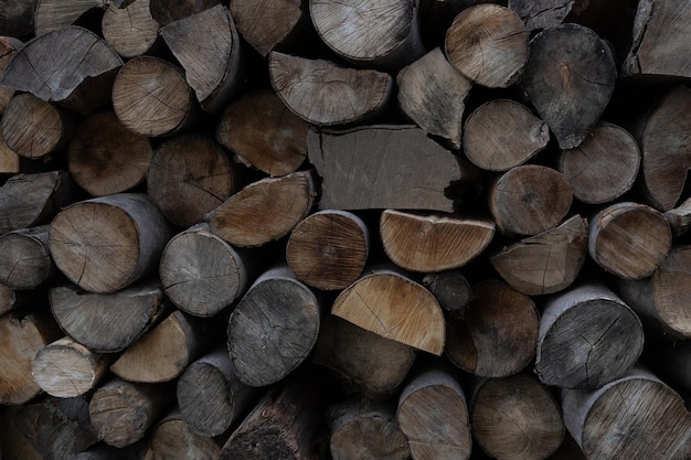 Texture of the logs from the endCloseup of stacked chopped firewood Natural wooden background