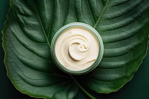 Texture of natural cosmetic skin cream in a jar on a green tropical palm leaf Generative AI