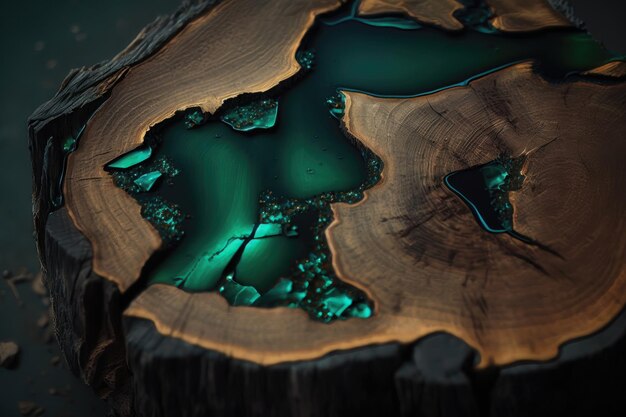 Texture of old dark wood with stain and emerald epoxy in cracks AI generation