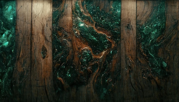 Texture of old dark wood with stain and emerald epoxy in cracks Beautiful modern wooden background with resin 3D illustration