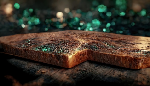 Texture of old dark wood with stain and emerald epoxy in cracks Beautiful modern wooden background with resin 3D illustration