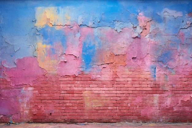 Texture of old rustic wall covered with pink and blue stucco