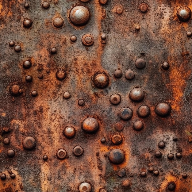 Texture of a rusty metal surface with many bolts and bolts.