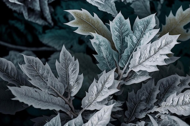 Texture of some leaves covered with snow and ice on a winter day