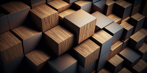 Texture square cubes brown wooden bars Wood cube wallpaper background wall pattern Generative Ai