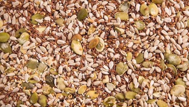 The texture of useful sunflower seeds, pumpkin, chia and others. Copy space. Background