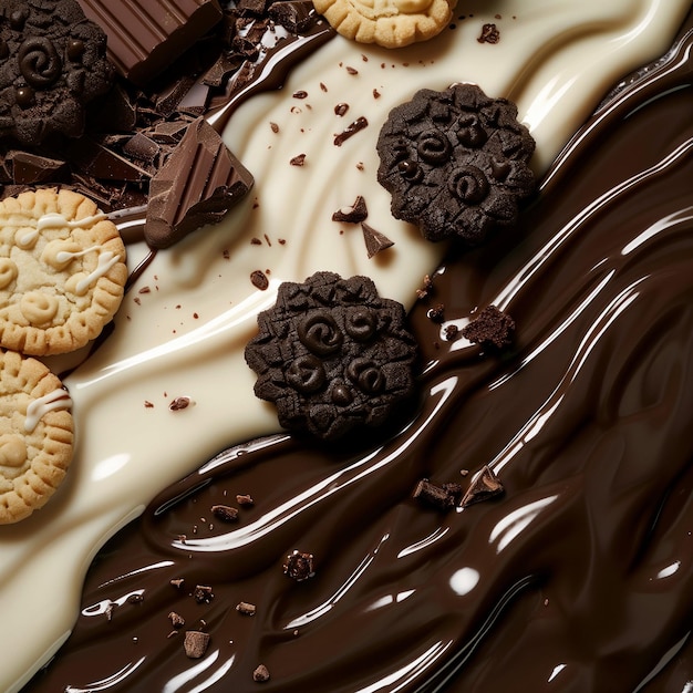 Texture of white and dark melted chocolate with cookie pieces