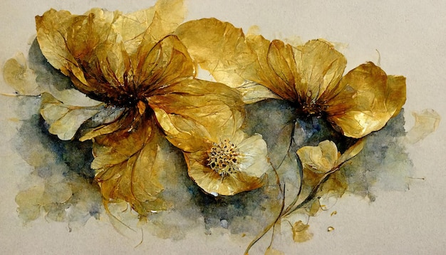 Textured abstract watercolor flowers with a golden sheen An elegant flower Generative Ai