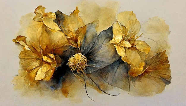 Textured abstract watercolor flowers with a golden sheen An elegant flower Generative Ai