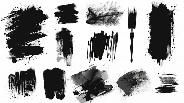 Photo textured artistic ink brush strokes for text or callouts dried black paint splattered in dirty style isolated brushstrokes with ink stencils for graphic design