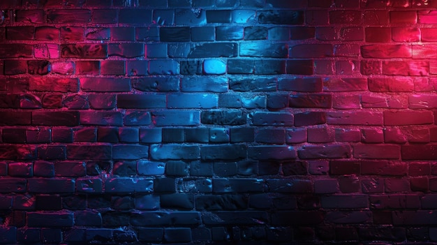 Textured background featuring exposed brick walls illuminated by neon lights The neon lights create a cyberpunk atmosphere with a striking combination of red and blue lighting effects The brick