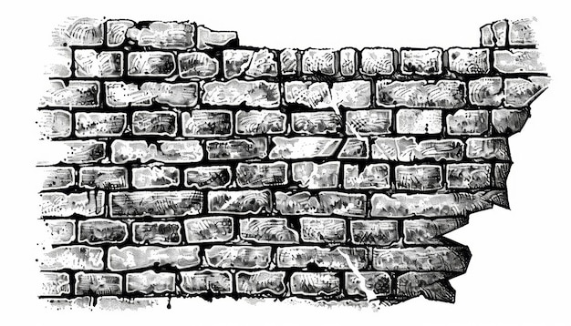 Photo textured black and white illustration of an old brick wall with missing pieces and rough surfaces