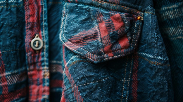 Textured Denim Jacket with Red Plaid Pocket Detail