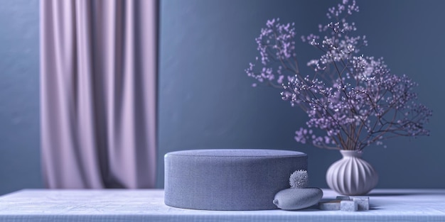 Textured fabric product display podium on a soft periwinkle background Cozy and inviting perfect