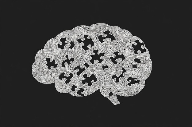 Photo textured grayscale illustration of a brain puzzle with missing pieces representing the gaps in know