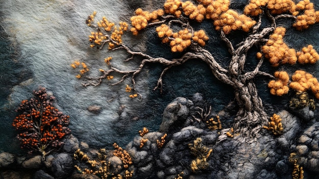 Photo a textured landscape featuring a tree and rocks in warm colors