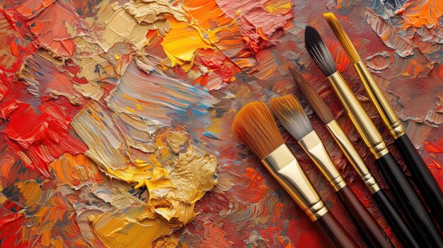 A textured painting palette with thick strokes of vibrant oil paints and brushes